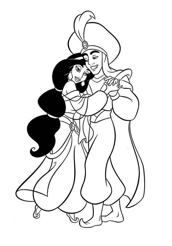 aladdin and jasmine in a romantic dance coloring page