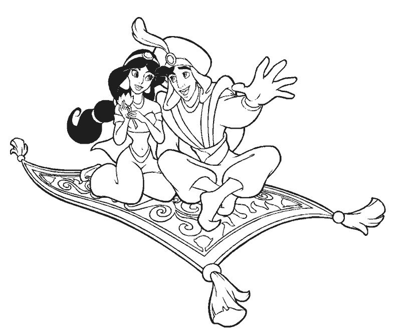 coloriage aladdin et jasmine sur tapis