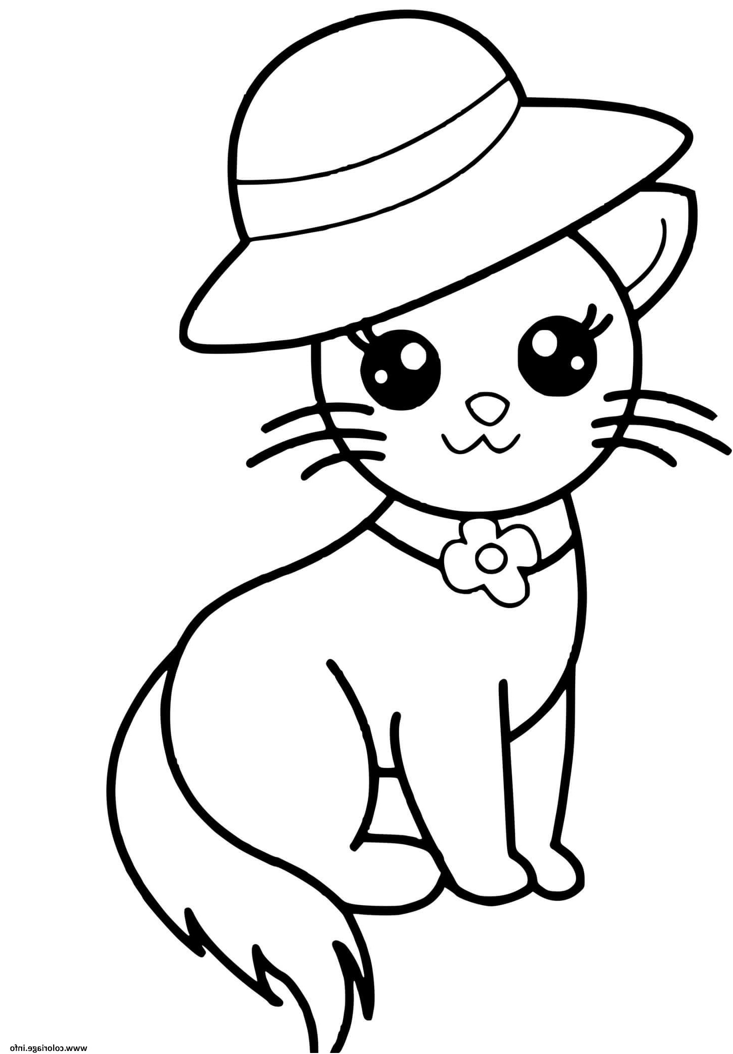 chat kawaii mignon avec chapeau elegant coloriage
