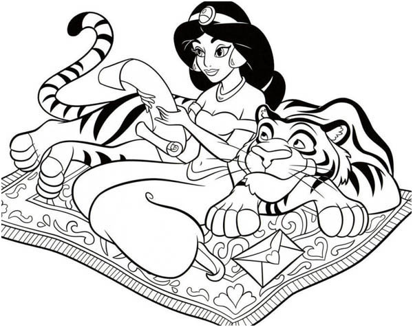 princess jasmine read a letter with rajah coloring page