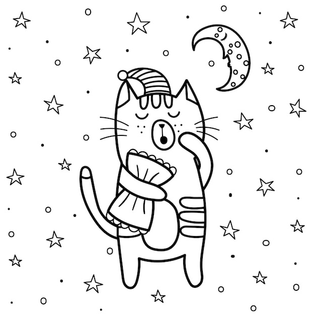 coloriage chat endormi bonne nuit livre coloriage lune etoiles illustration vectorielle beaux reves