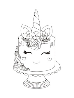 unicorn cake printable coloring book kids vector illustration with handdrawn doodle style