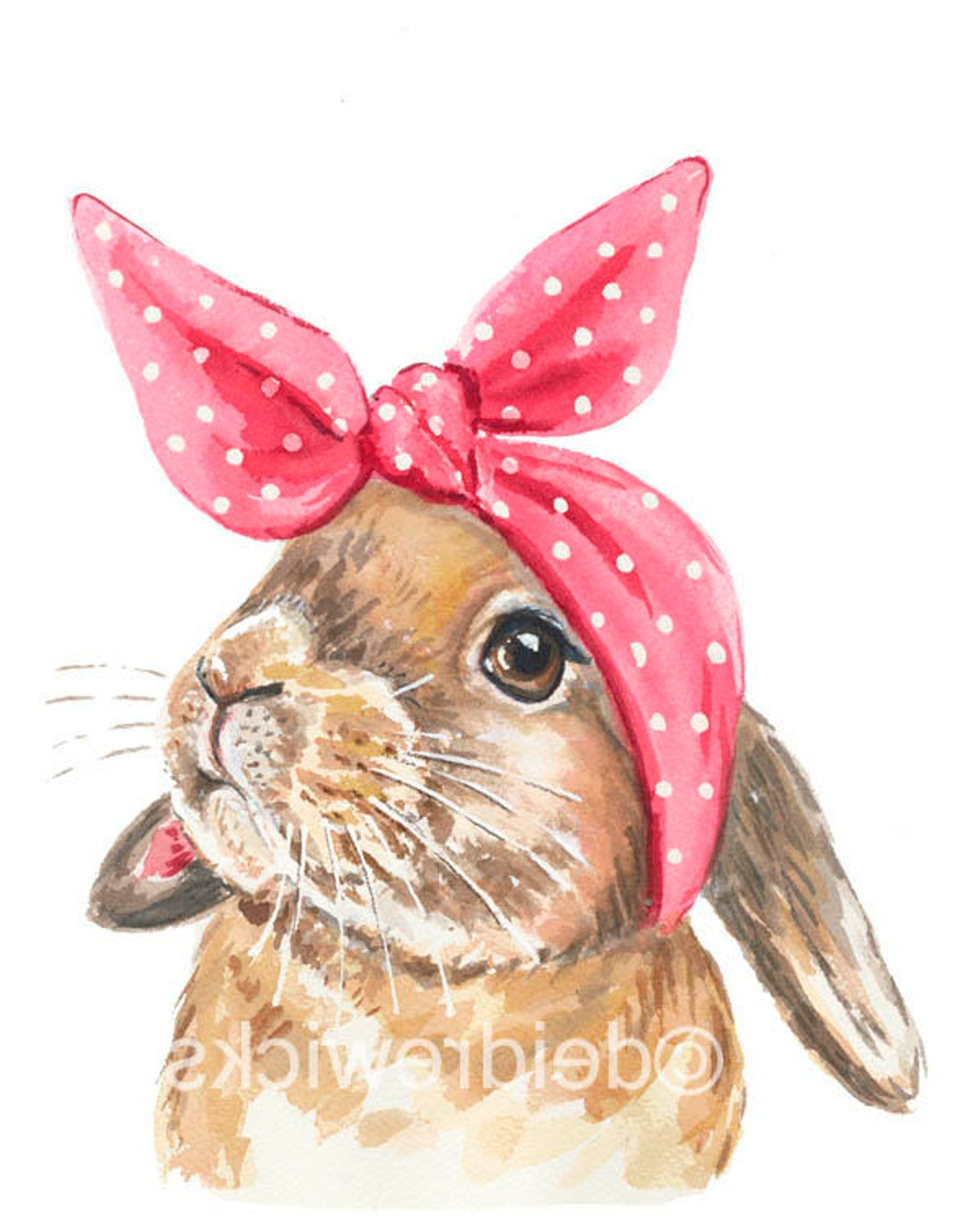 rabbit watercolour painting bunny print 1950s head scarf nursery art lop eared retro style
